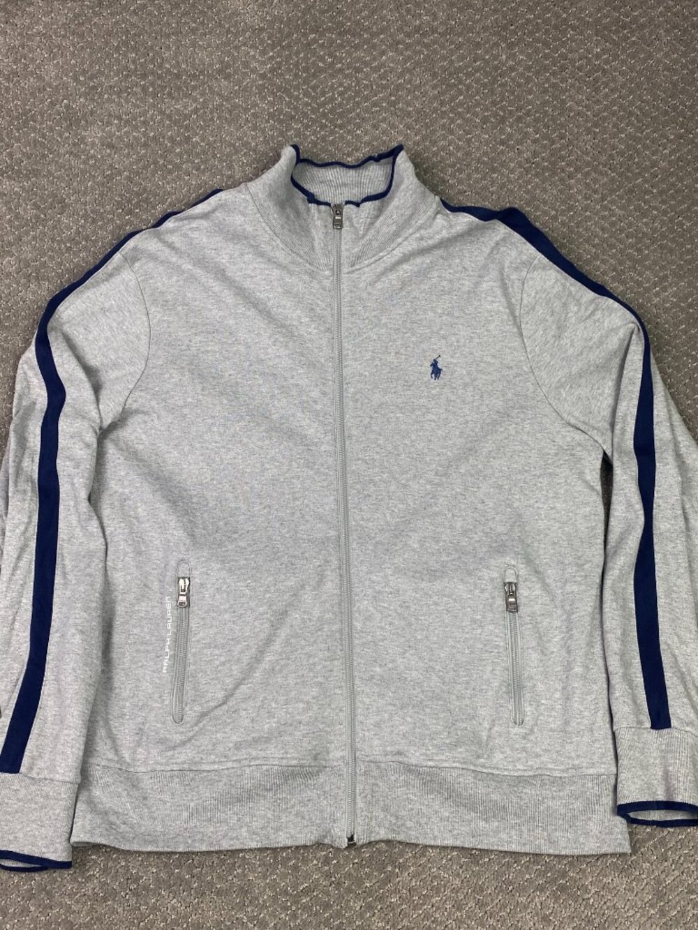 Polo Ralph Lauren Track Jacket Mens Large Gray Navy Blue Bomber Full Zip Cotton